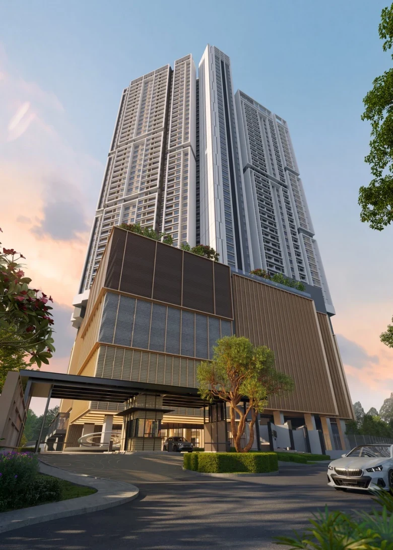 Lunar Seputeh tower at dusk with its warm timber podium and grand arrival entrance