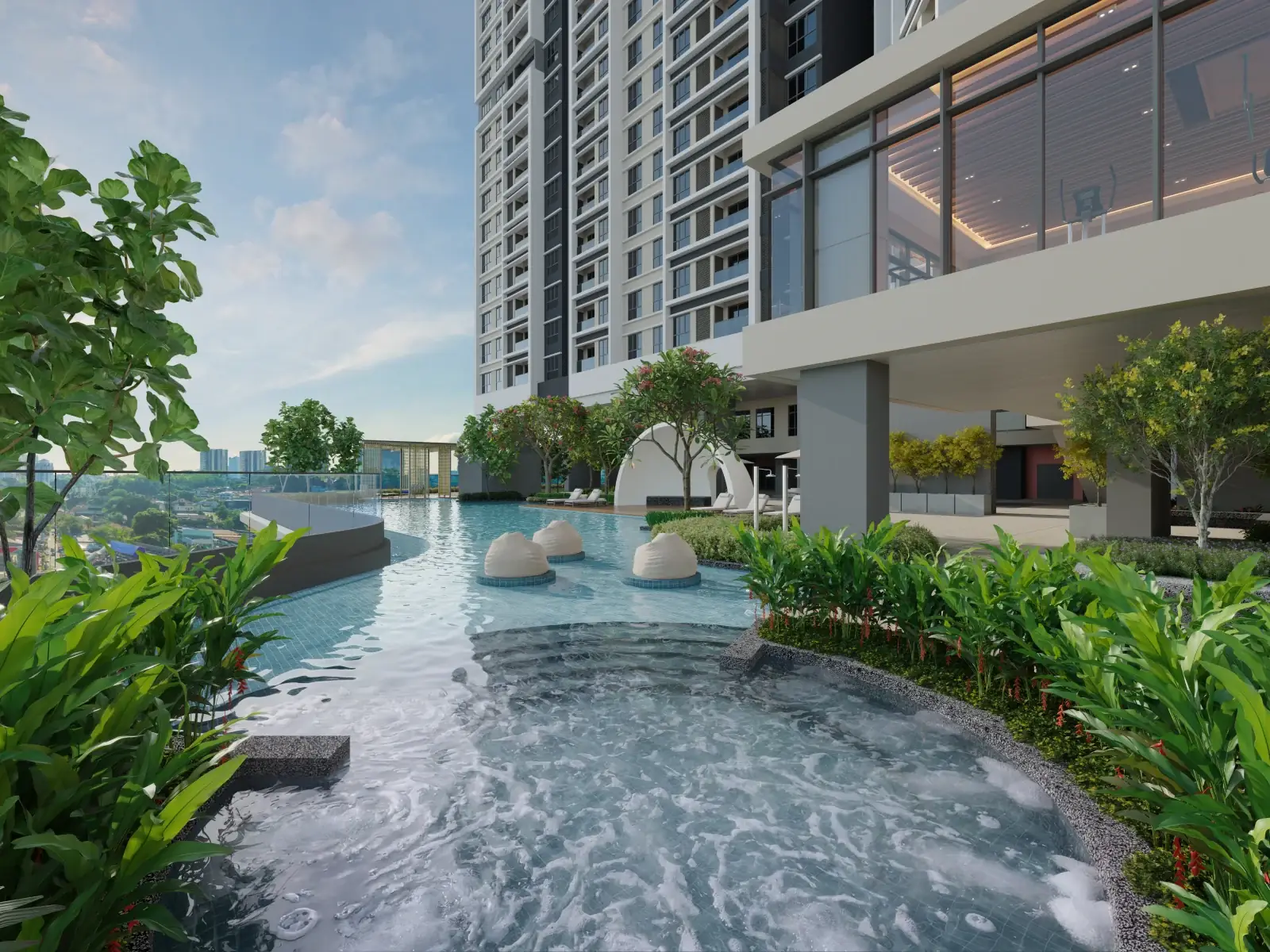 Infinity pool on the facilities deck at Lunar Seputeh overlooking the city