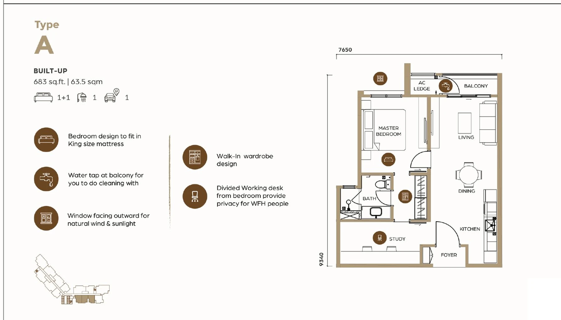 Lunar Seputeh Type A 1+1 bedroom layout, 683 sqft