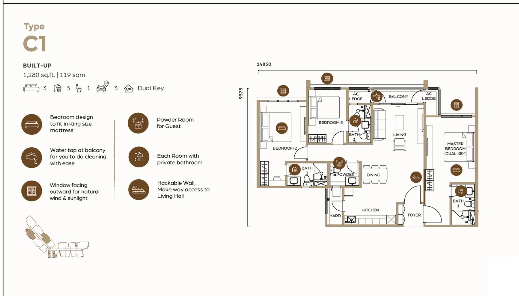 Lunar Seputeh Type C1 3+1 bedroom dual-key layout, 1280 sqft