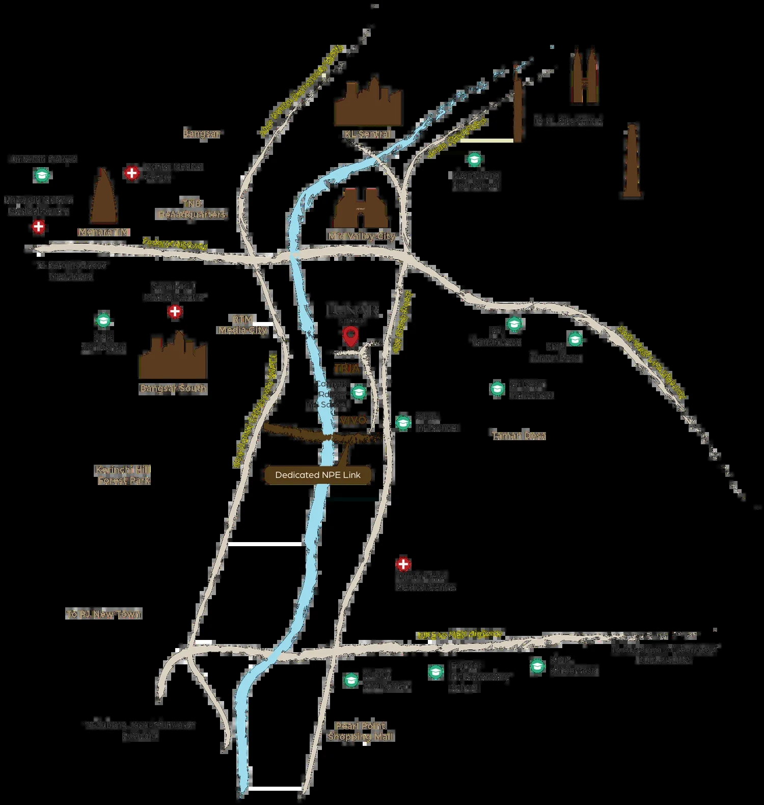 Location map of Lunar Seputeh showing Mid Valley, Bangsar South, KL Sentral and the highways